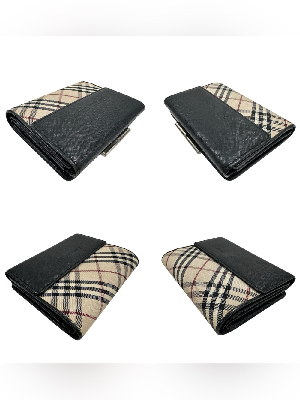 Burberry Black Leather & Nova Check Canvas Kisslock Compact Bifold Wallet - Picture 9 of 14